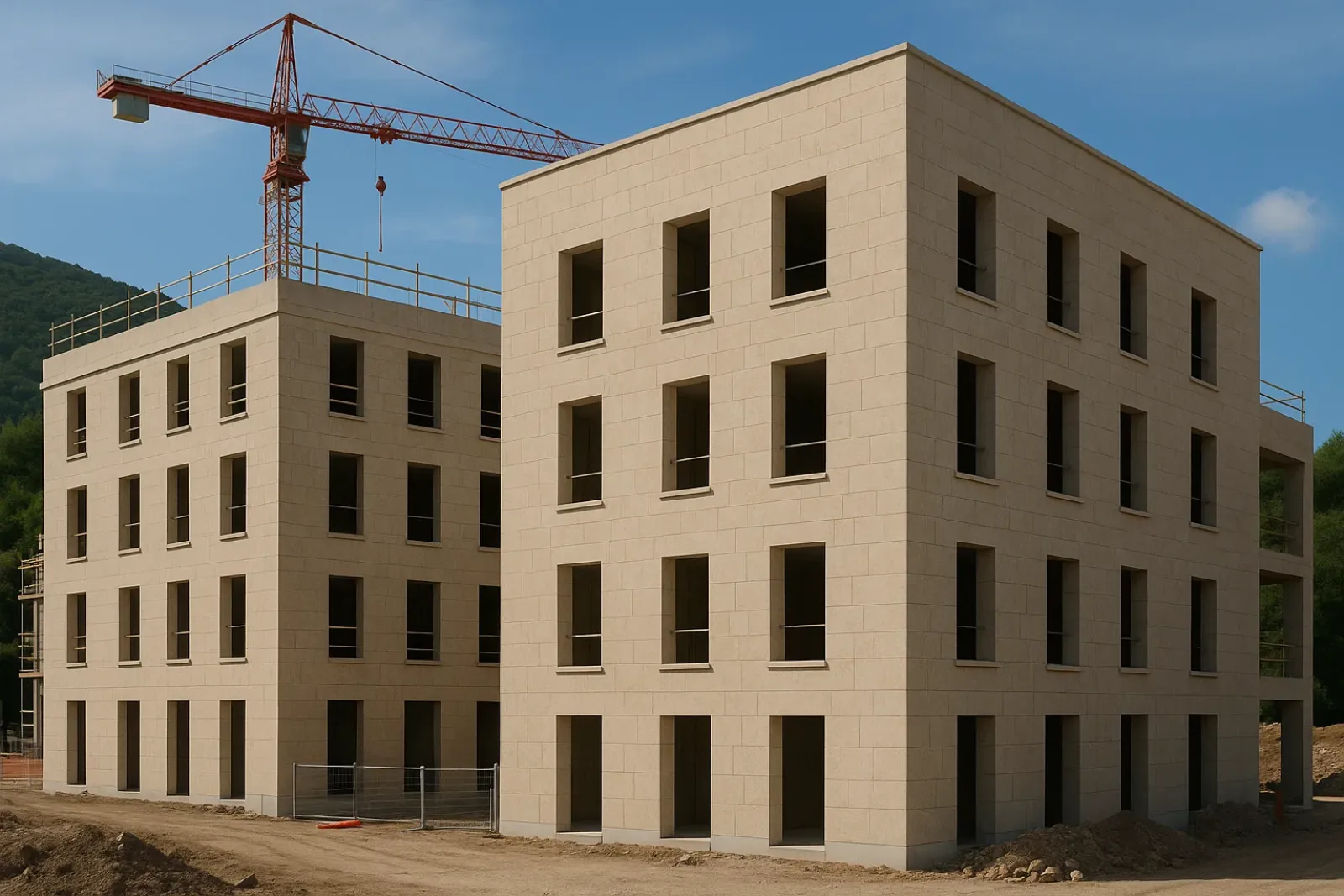 Habillage intégral en pierre massive des bâtiments A et B sur chantier résidentiel à Lyon dans les Alpes-Maritimes