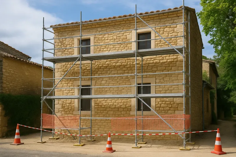 Restauration de façade en parement de pierre naturelle avec sécurité renforcée à Vers-Pont-du-Gard dans le Gard en Occitanie